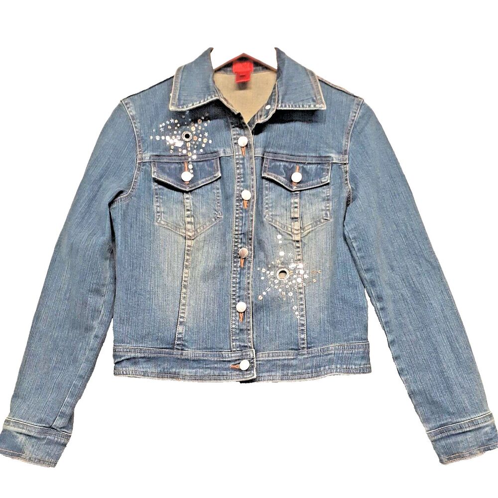 Very Vera Women Sz S Denim Jean Short Trucker Jacket Sequin Embellishments Y2K
